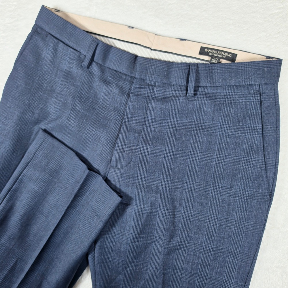 Banana Republic Tailored Slim Fit Mens 32/32 Navy Wool Glen Plaid Pants